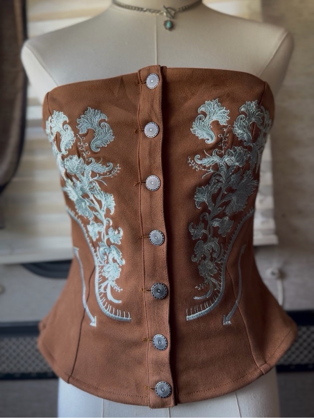 Lucky & Blessed Brown Strapless Embroidered Corset Top